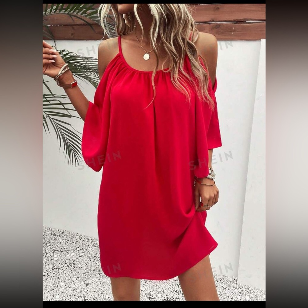 SHEIN VCAY Cold Shoulder Solid Tunic Dress